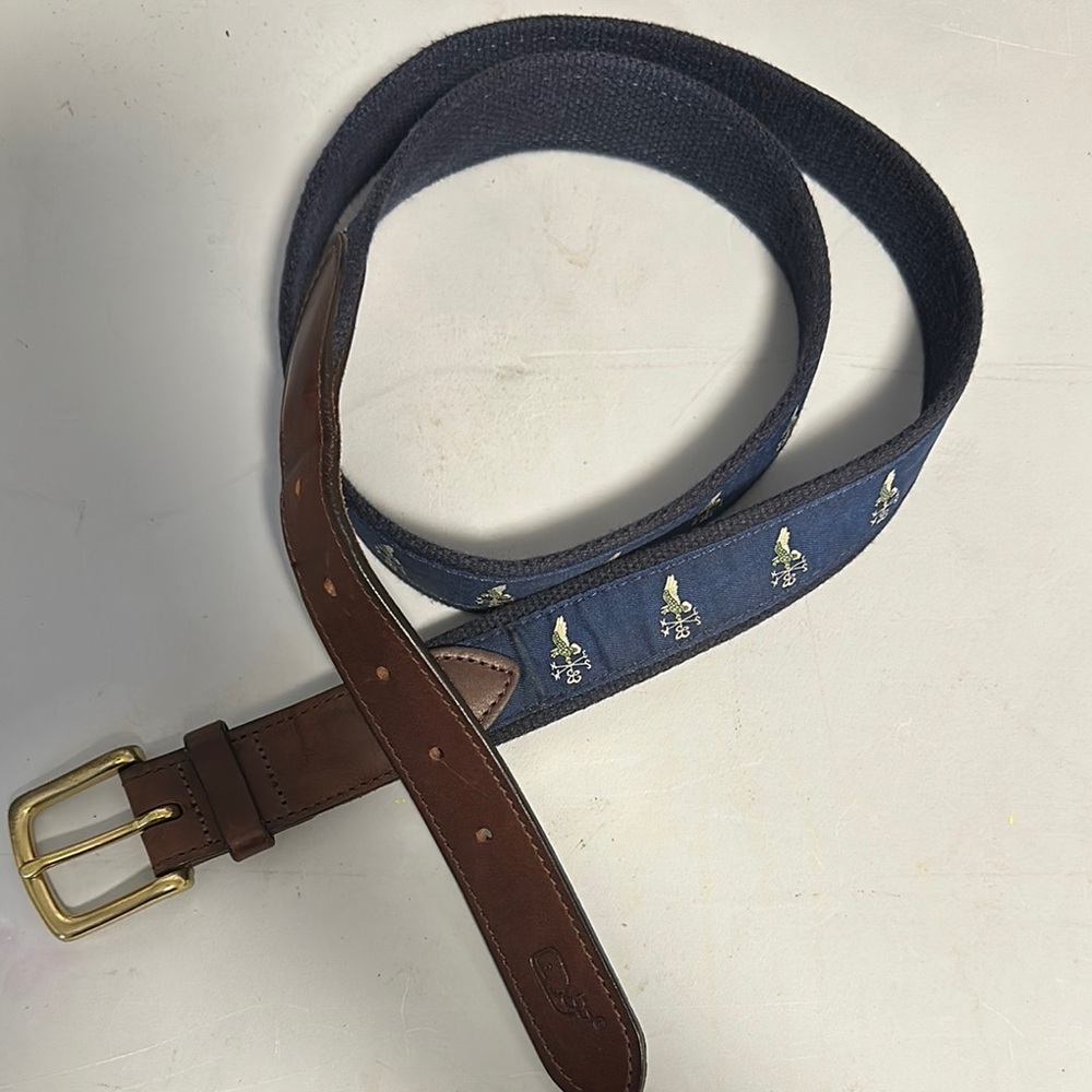 Vineyard Vines Brown and Blue Men's Belt with Gold Buckle